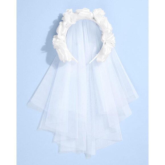 ?Women White Rosette Tulle Pearl Headband Veil Hairpiece Bridal Accessory main image 7
